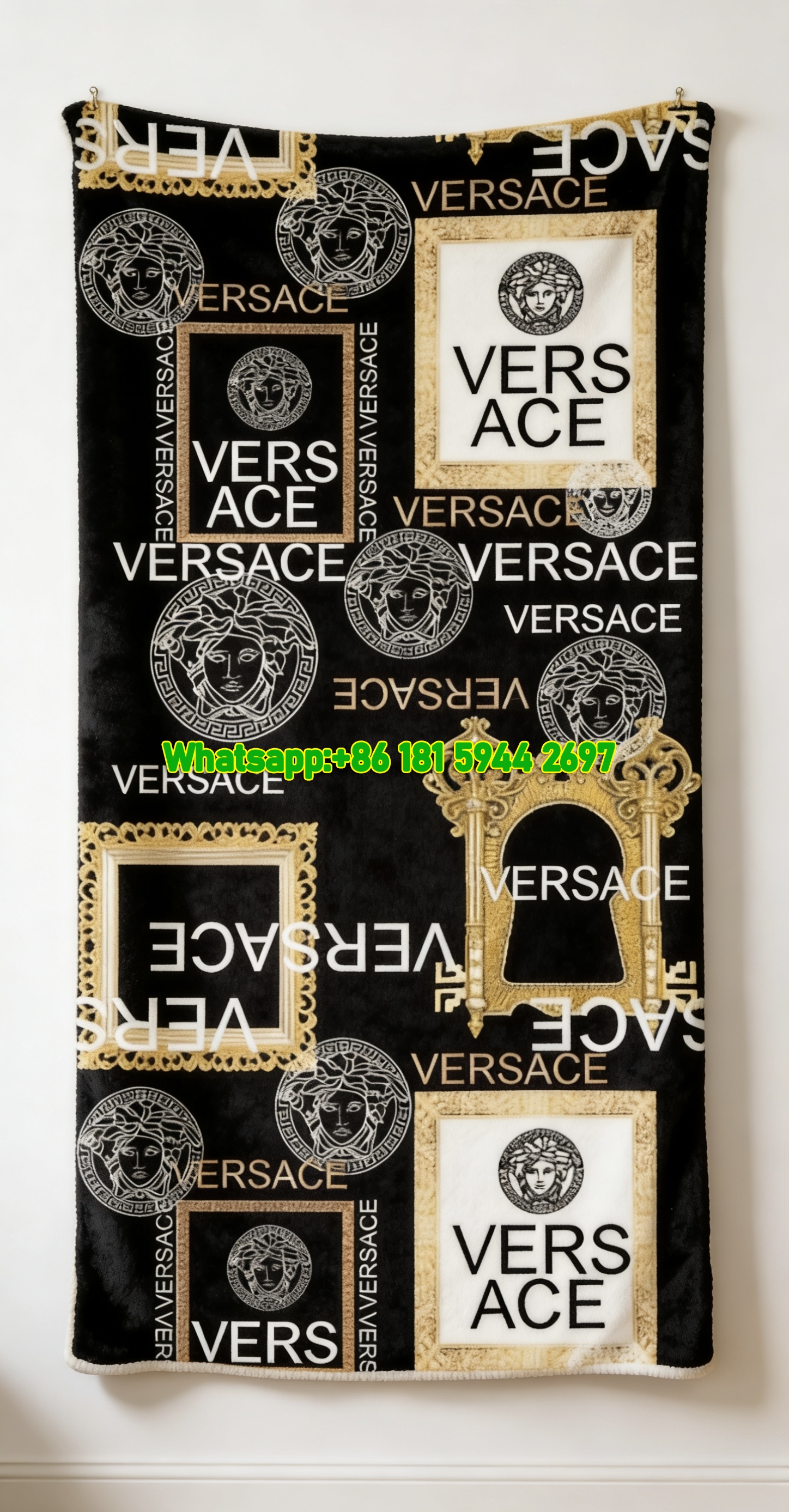 Versace Black Gold White Medusa Frame Logo Print Flannel Sofa Throw Blanket IMG_1427